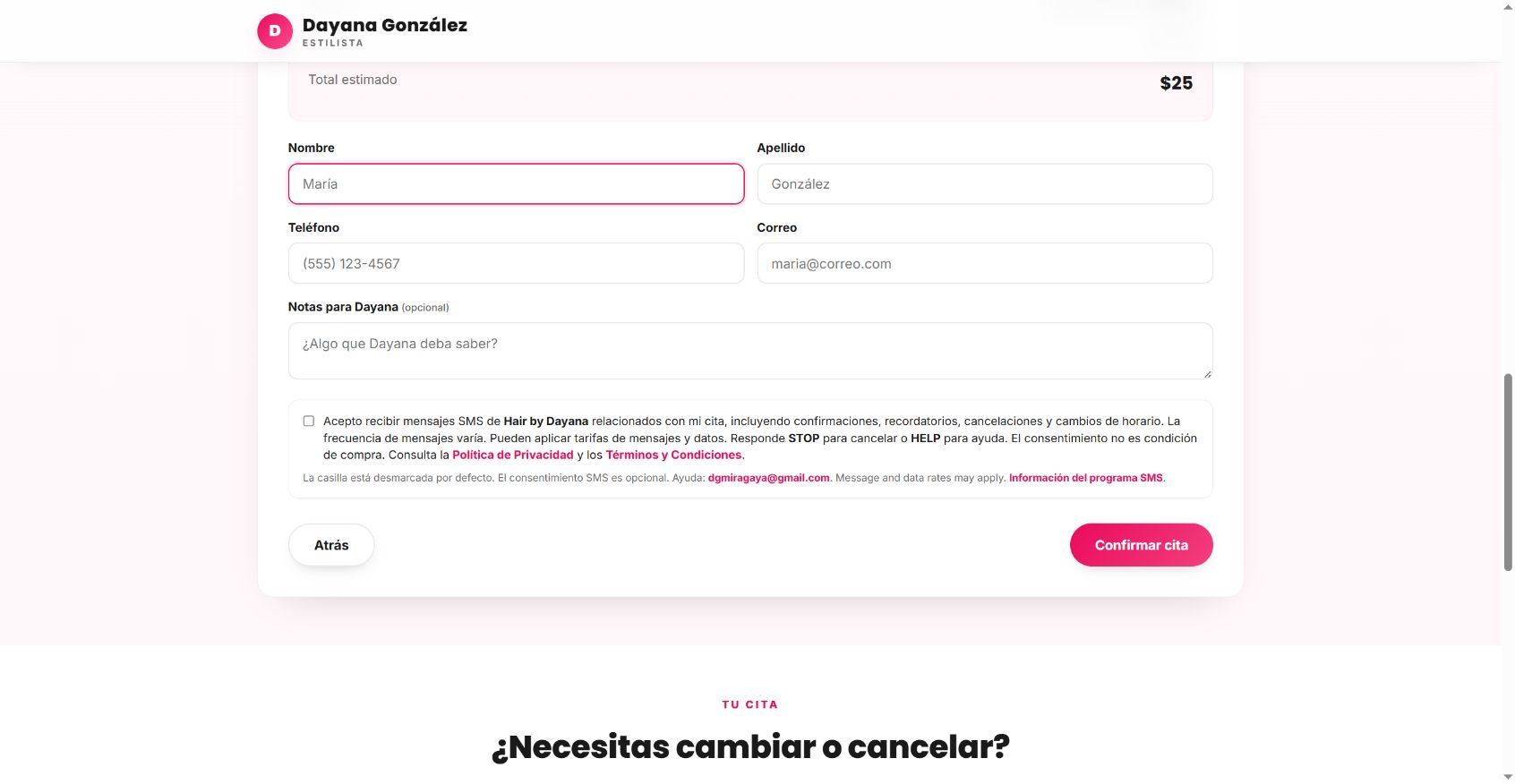 Actual Hair by Dayana booking form showing its separate unchecked SMS consent checkbox, disclosure, privacy and terms links