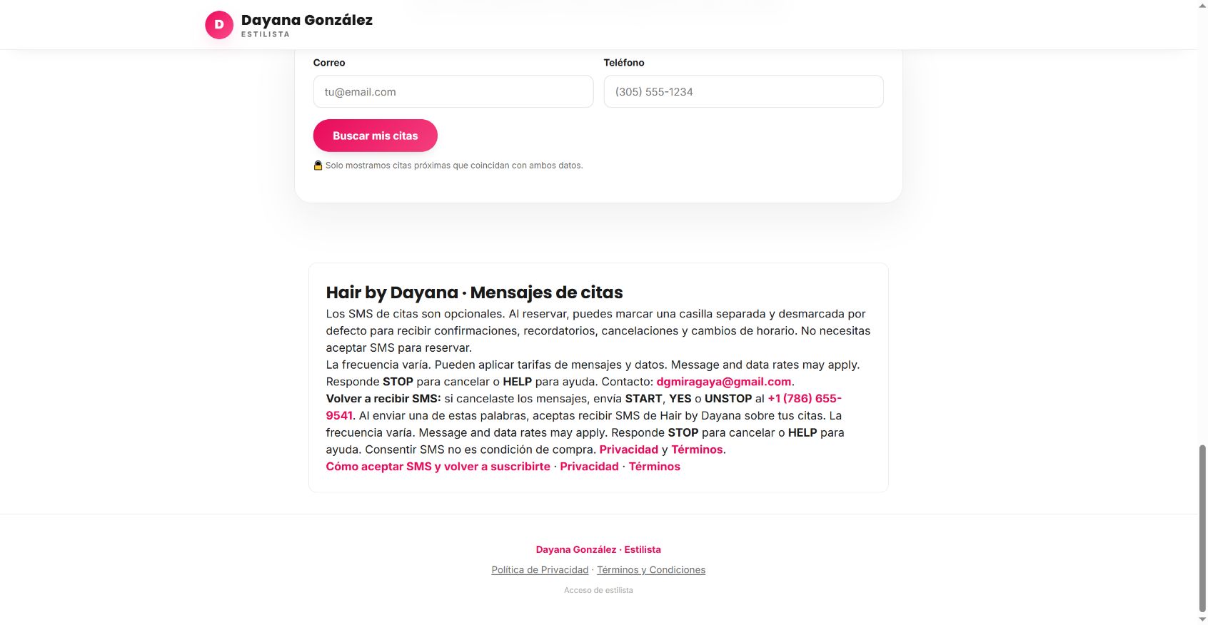 Hair by Dayana homepage displaying the SMS number, START YES UNSTOP keywords and consent disclosures